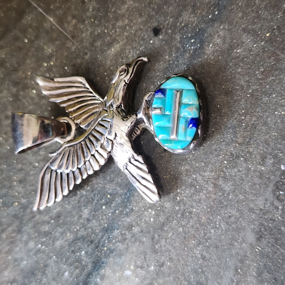 Sterling Silver Eagle Bird Pendant with Turquoise Inlay Men Women Jewelry Unisex - Picture 3 of 5